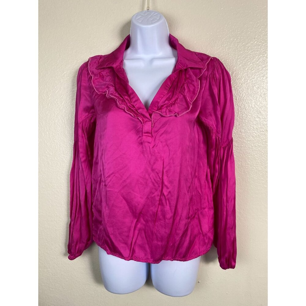 Anthropologie Amadi Ruffled Hot Pink Silk Long Sleeve Blouse Top Women Size XS